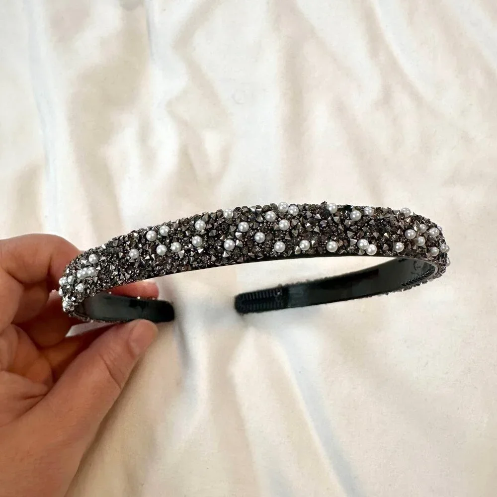 Set of 2: Sparkly Headbands Gold Bow & Black Pearls - NEW